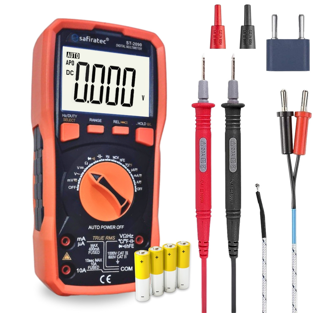 Safiratec ST-2090 Multímetro Digital Profissional True RMS Auto Range Capacímetro Temperatura