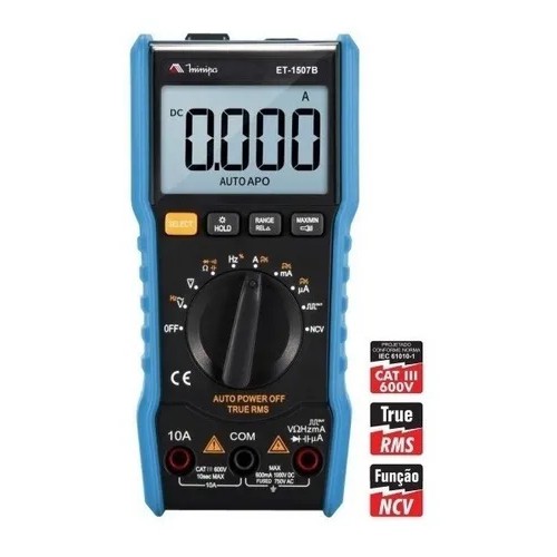 Multímetro Digital ET-1507B Minipa True Rms Com Capacimetro Auto Range e Função NVC Cat III