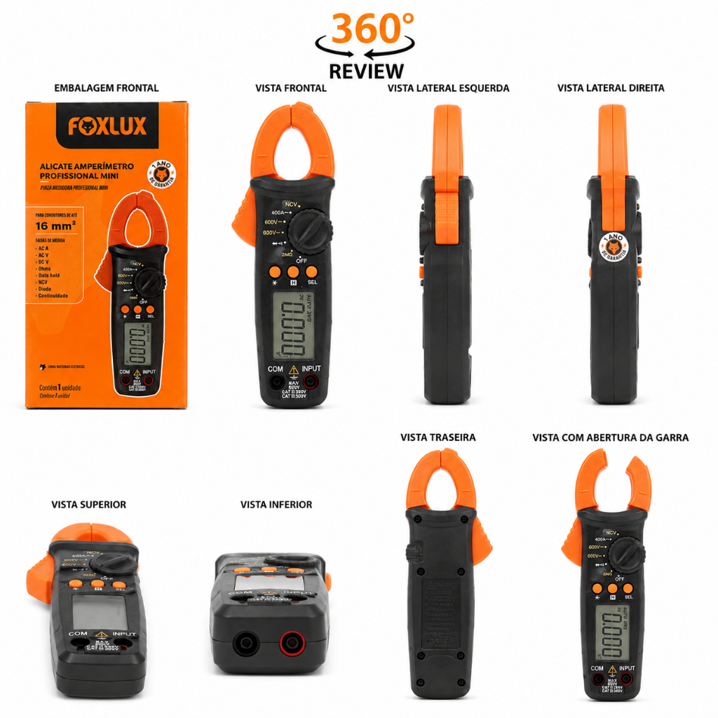 Amperímetro Multímetro Digital Profissional Foxlux 16mm² NCV True RMS Auto Range com Estojo Tela Il