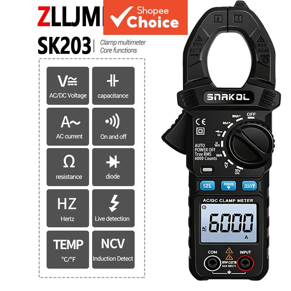 Multímetro De Braçadeira Digital Zljmeter SK203 De Uma Peça , 6000 Contagens AC DC Tensão NCV True RMS Clamp Meter