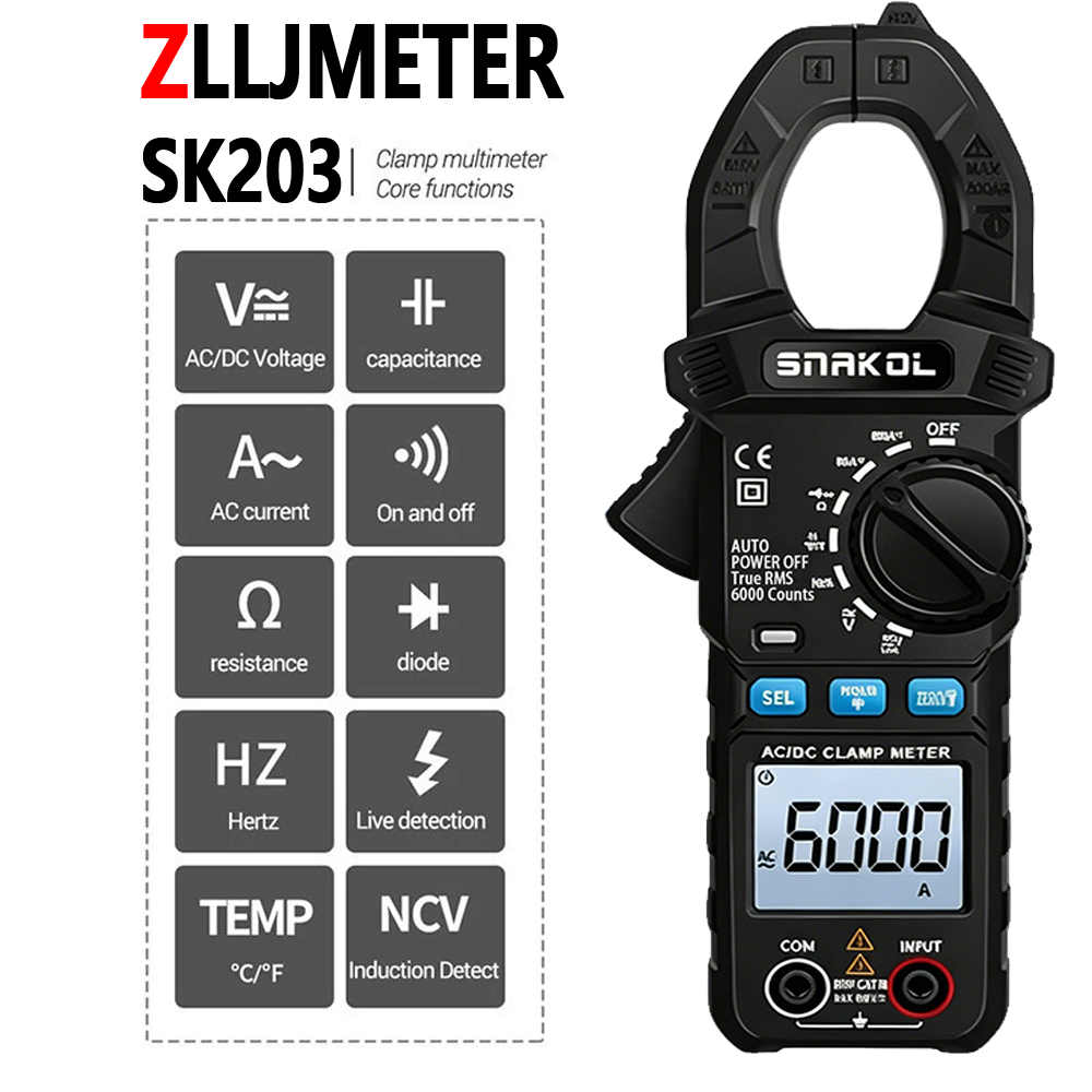 Multímetro De Braçadeira Digital Zljmeter SK203 De Uma Peça , 6000 Contagens AC DC Tensão NCV True RMS Clamp Meter
