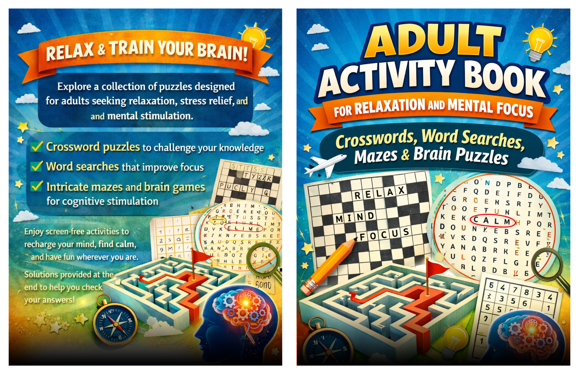 Libro de Pasatiempos para Adultos: Crucigramas, Sopas de Letras, Laberintos y Páginas para Colorear – Relajación y Estimulación Mental Antiestrés (PDF Imprimible)