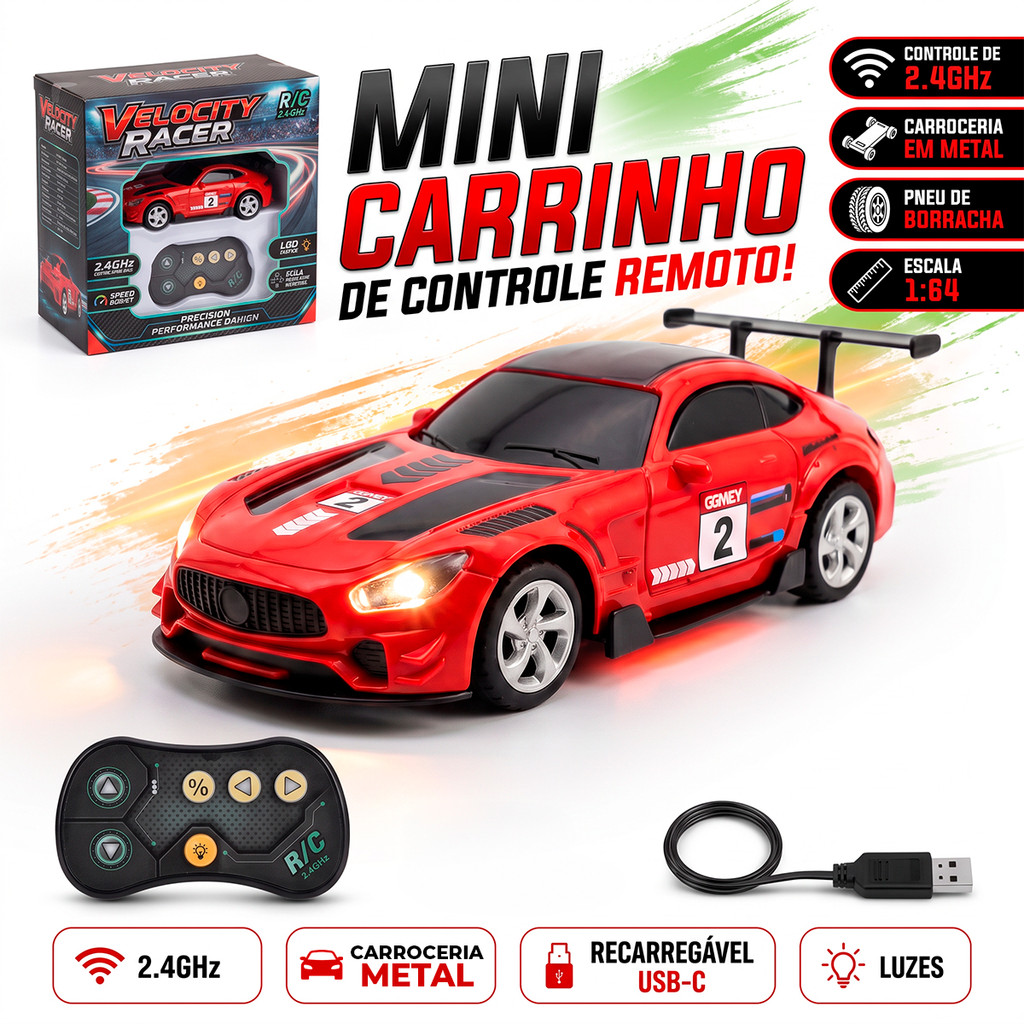 Mini Carrinho De Controle Remoto Liga Metal Com Luz Led Recarregável Escala 1 64 Infantil