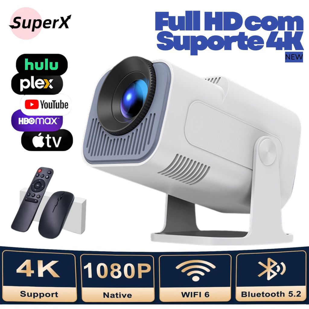Projetor Smart HY320 Mini Original (Preto/Branco) | Android 13.0 | Full HD com Suporte 4K | Bluetooth | Wi-Fi 6 Estável