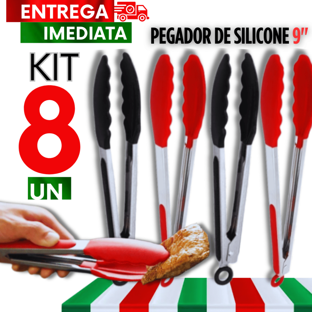 Conjunto 08 Und Pegador Pinça Universal de Silicone Cabo Inox Resistente 27CM Cozinha Carne Frango