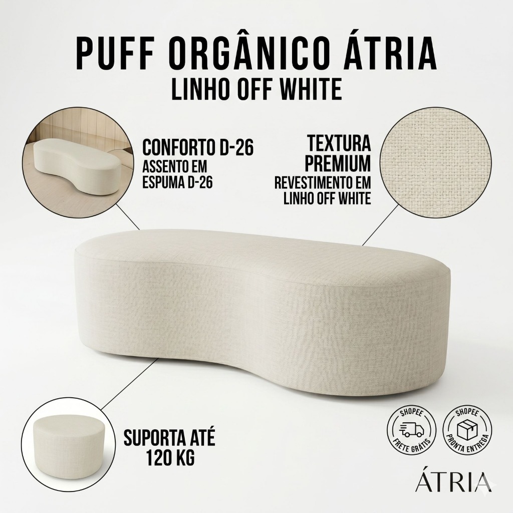 Puff Atria Orgânico 100cm em Linho Premium – Moderno, Confortável e Elegante