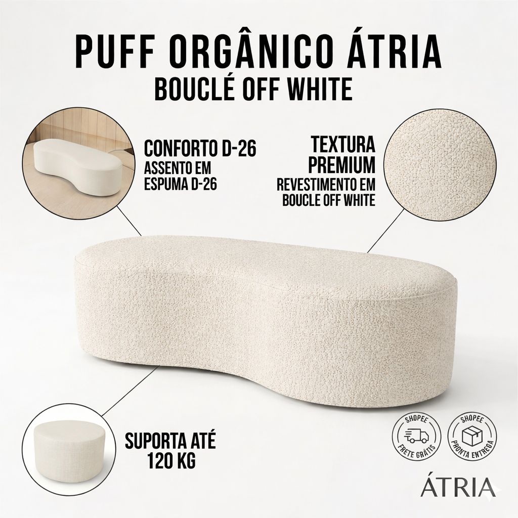 Puff Atria Orgânico Grande 100cm Bouclé Off White – Decorativo Premium
