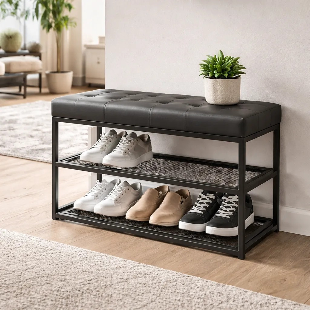Banco Sapateira Industrial 100cm Estofado Courino Preto Organizador em Aço Carbono Premium