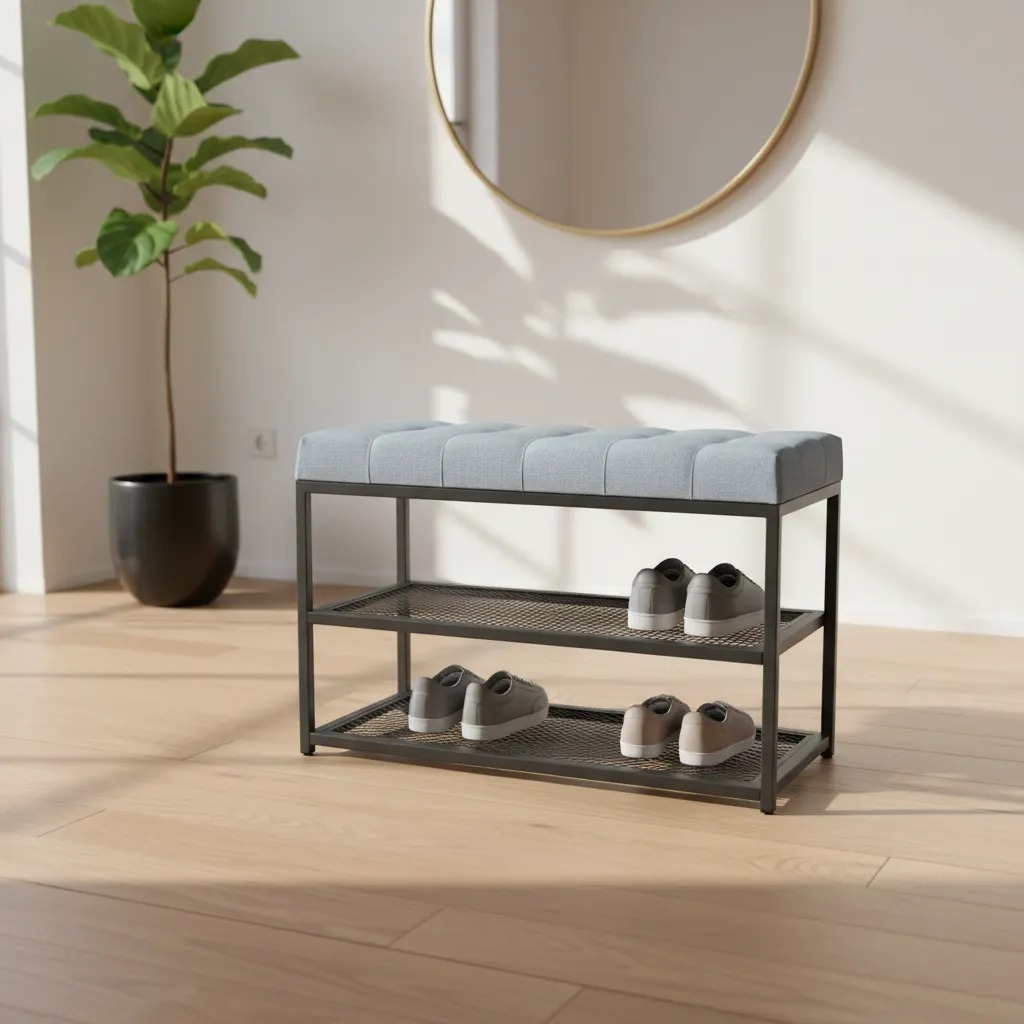 Banco Sapateira Industrial 100cm Estofado Linho Cinza Organizador em Aço Carbono Premium