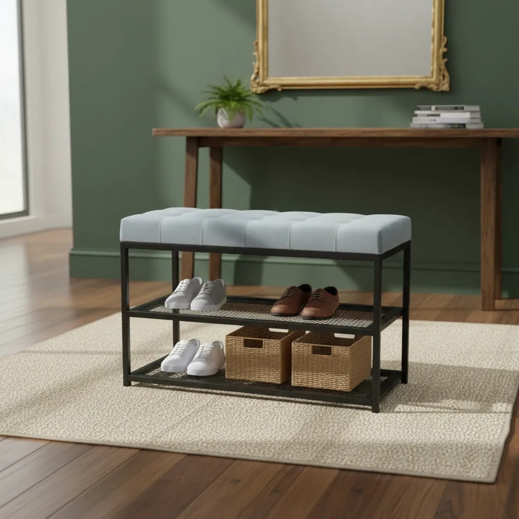 Banco Sapateira Estofado 100cm Linho Cinza 2 Prateleiras Aço Carbono Hall de Entrada Premium