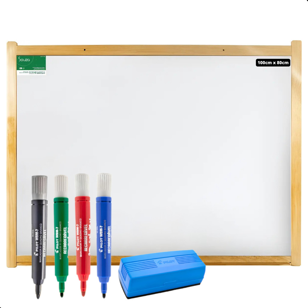 Lousa Quadro Branco Moldura Madeira 100cm x 80cm + Apagador Premium Flip Top + 4 Marcadores Pilot