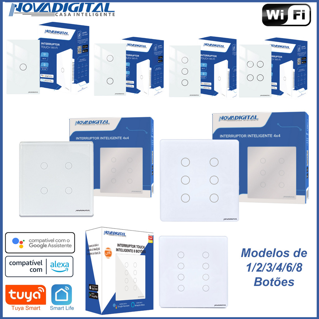 Interruptor Inteligente Smart WIFI Touch Tuya Nova Digital com 1/2/3/4/6/8 Botões Compativel Alexa