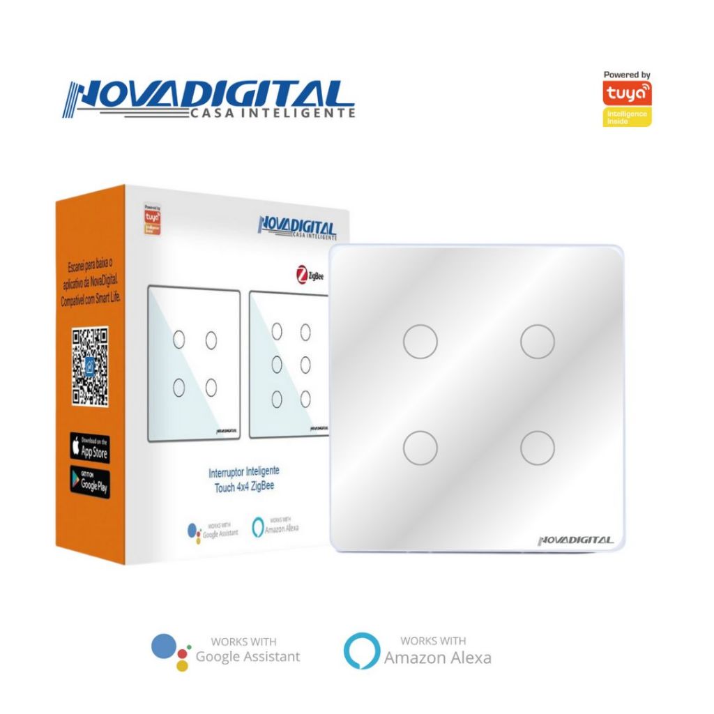 Interruptor Inteligente Touch Zigbee 4 Botões Branco Nova Digital - 4x4
