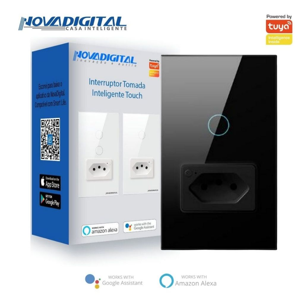 Interruptor Inteligente Touch 1 Botão Preto Com Tomada 20A Nova Digital - 4x2