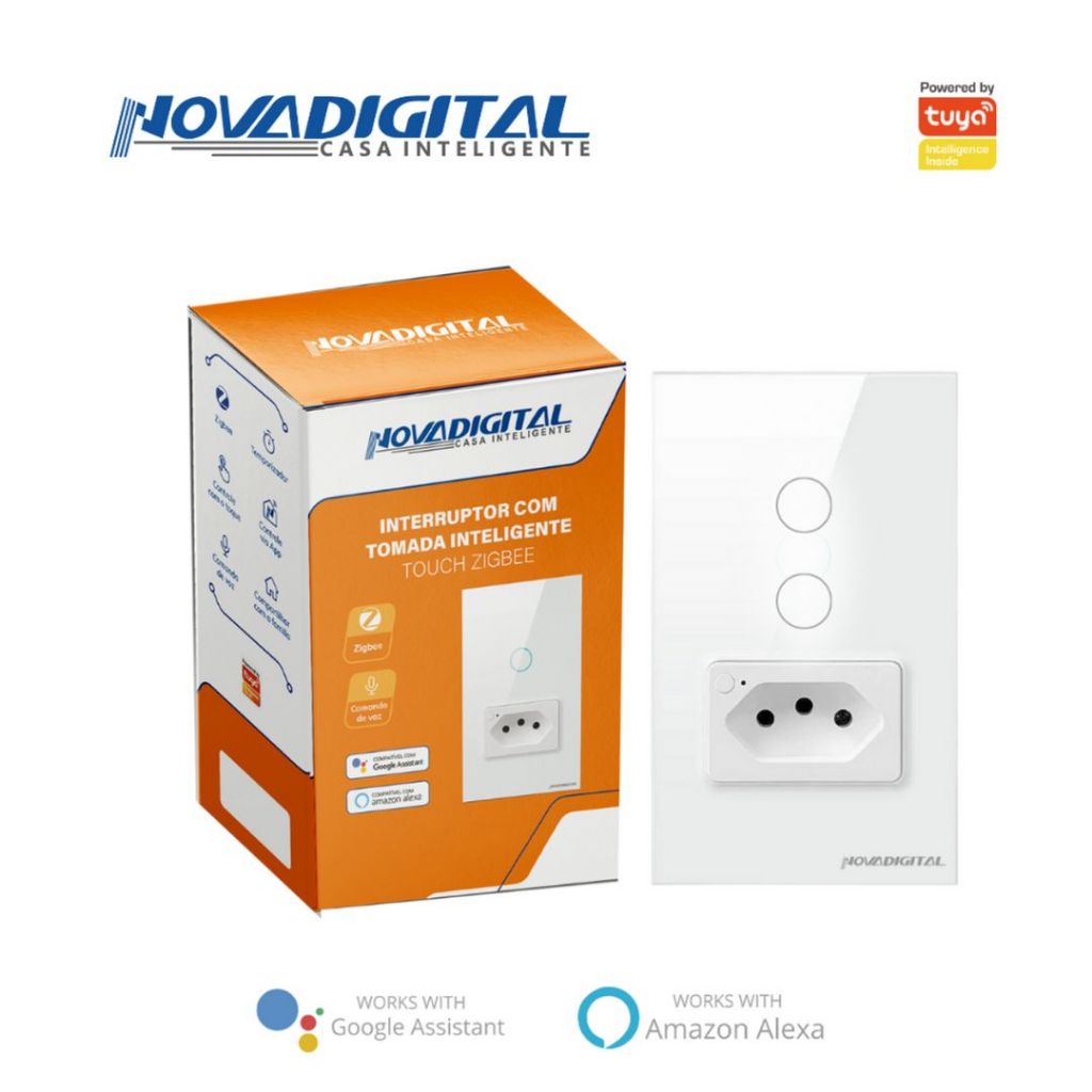 Interruptor Inteligente Touch Zigbee 2 Botões Branco com Tomada 20A Nova Digital - 4x2