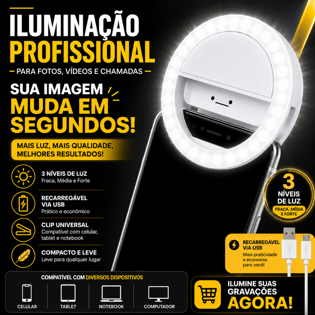 Ring Light Clip Selfie LED Recarregável USB Universal para Celular Tablet Notebook 3 Níveis de Luz