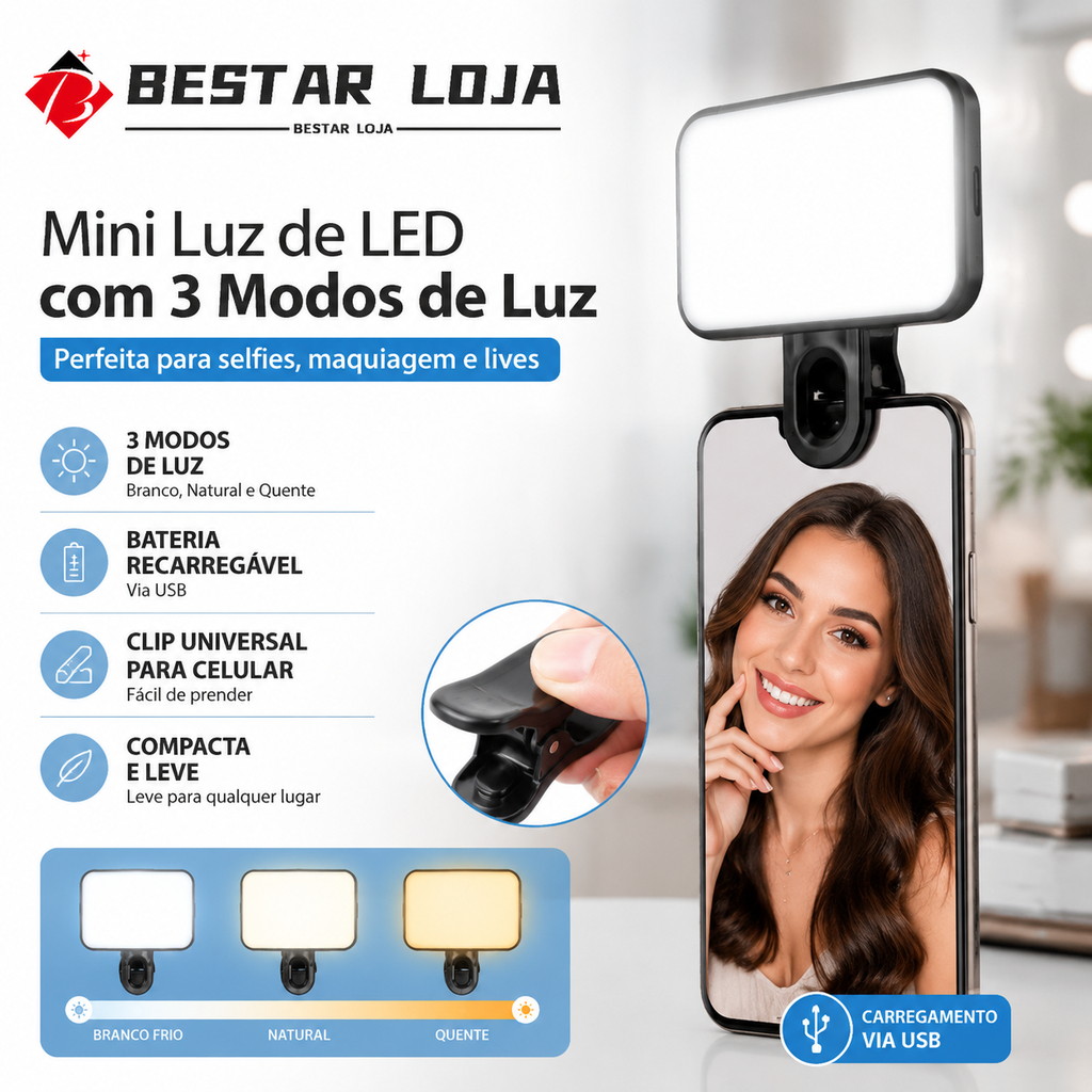 BESTAR LOJA   Mini Ring Light LED 3 Modos de Luz Recarregável USB Clip para Celular Selfie Maquiagem Live Stream