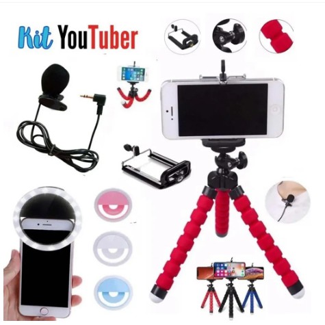 Kit Youtuber Clip Luz de Selfie para Celular Ring Light + Mini Tripé de mesa flexível + Microfone de Lapela stéreo