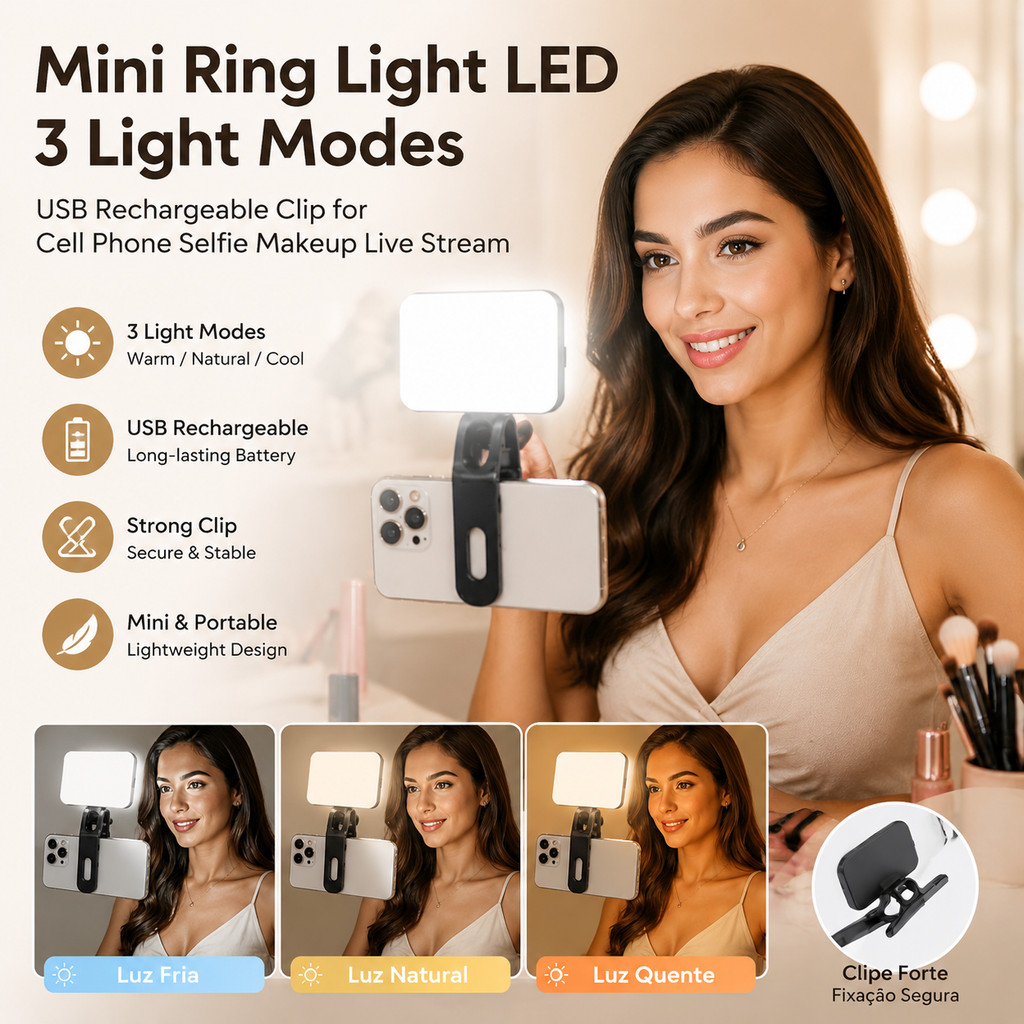 Mini Ring Light LED 3 Modos de Luz Recarregável USB Clip para Celular Selfie Maquiagem Live Stream