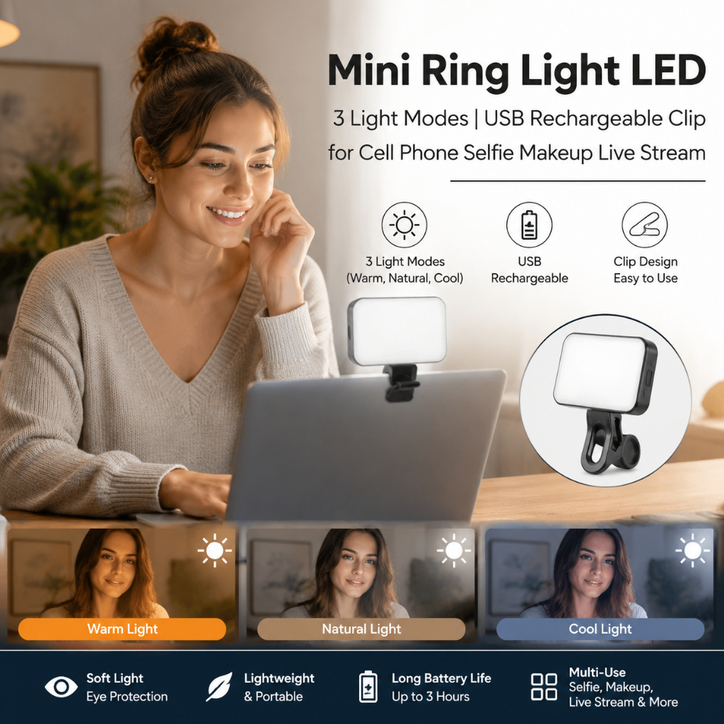 Mini Ring Light LED 3 Modos de Luz Recarregável USB Clip para Celular Selfie Maquiagem Live Stream
