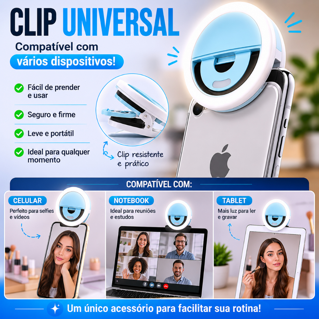 Ring Light LED Clip Portátil para Celular Notebook Iluminador  Instagram Vídeo Reunião Maquiagem