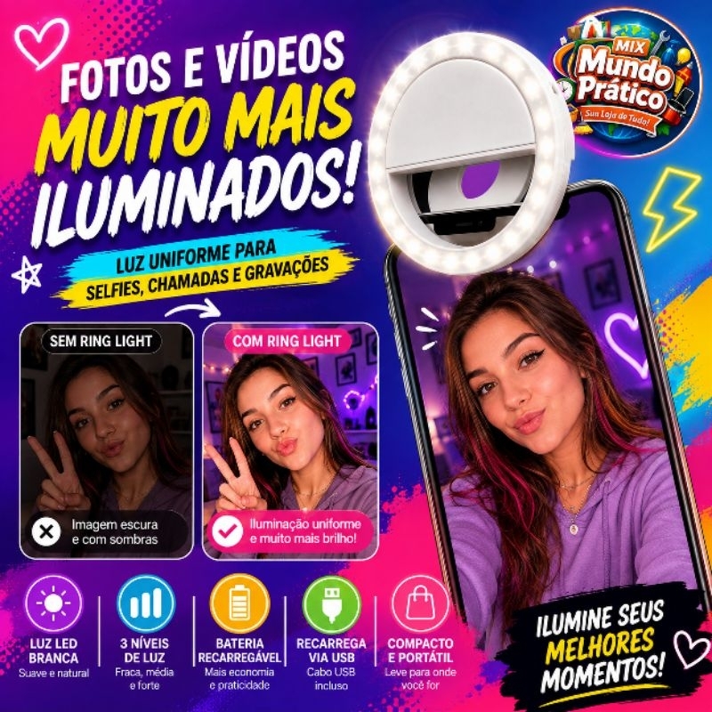 Ring Light Clip Selfie com LED para Celular Tablet Notebooks Universal Cores Sortidas