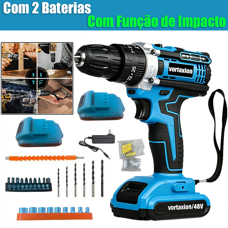 48V Cordless Drill Driver with 2 Batteries Bivolt Complete Kit Case Drill Bits for Home Repairs
