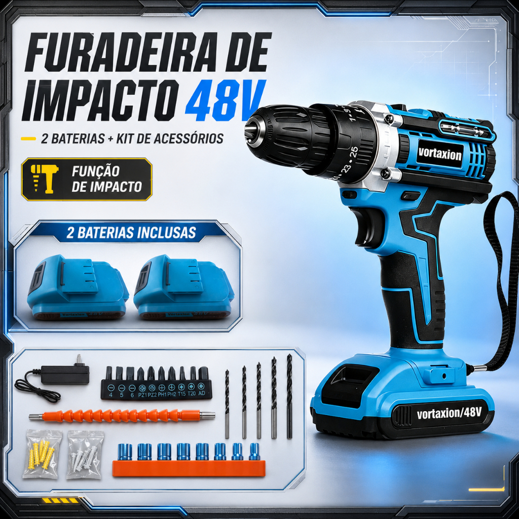 48V Cordless Drill Driver with 2 Batteries Bivolt Complete Kit Case Drill Bits for Home Repairs