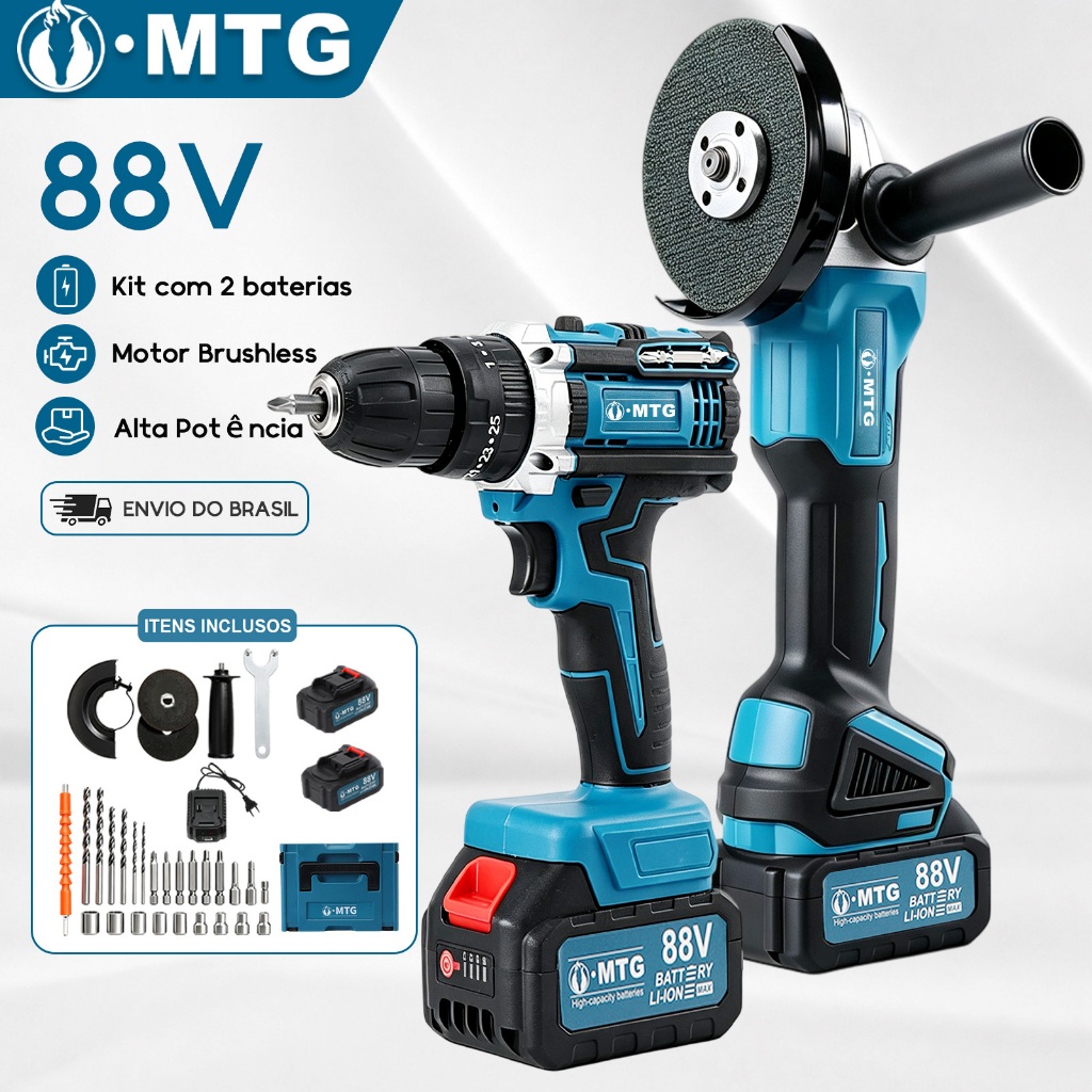 88V Cordless Drill & Angle Grinder Kit with 2 Batteries and Full Accessories