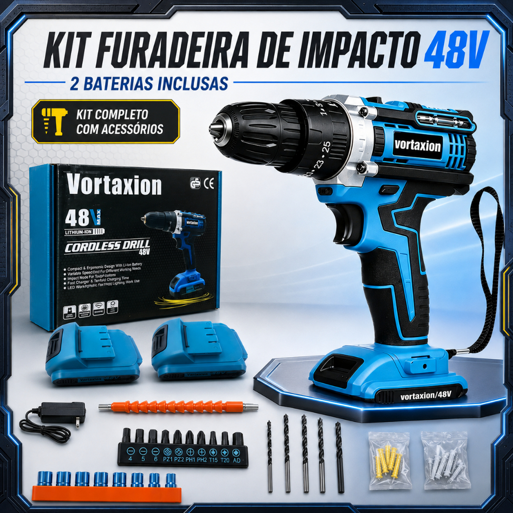 48V Cordless Drill Driver with 2 Batteries Bivolt Complete Kit Case Drill Bits for Home Repairs