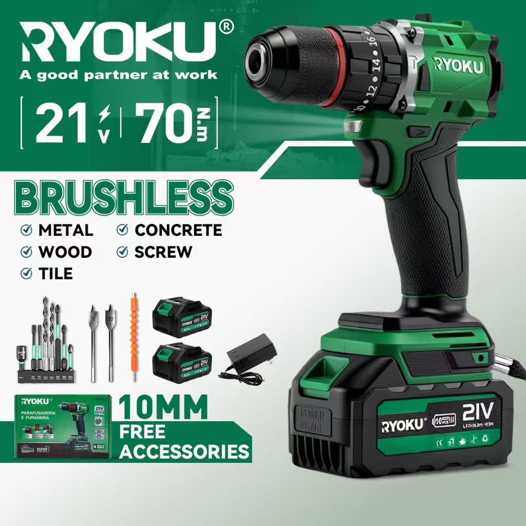 RYOKU 20V 2.6ah 10MM Cordless Impacrt drill Furadeira Profissional Sem Escova Com Duas Baterias