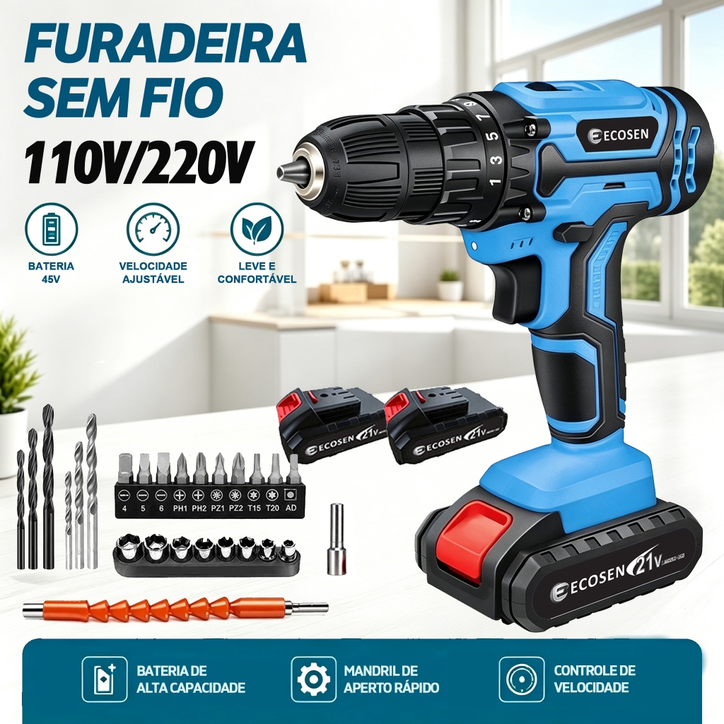 Drill Driver with Impact, Cordless Drill, 3/8 inch 2 Batteries 110V/220V universal