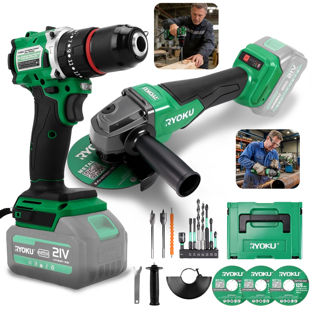 RYOKU Cordless 13MM Brushless Broca E Conjunto De Rebarbadora De 5 Polegadas Kit Combinado De Ferramentas Elétricas