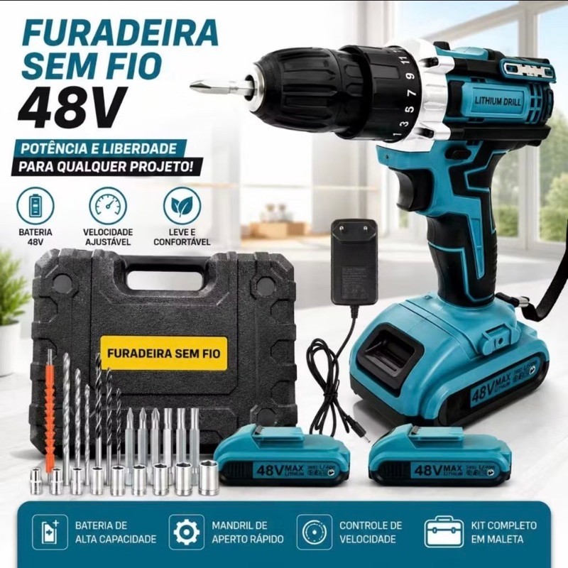 Furadeira Parafusadeira Sem Fio 48V MAX com 2 Baterias + Maleta + Kit 24 Acessórios - Cordless Drill