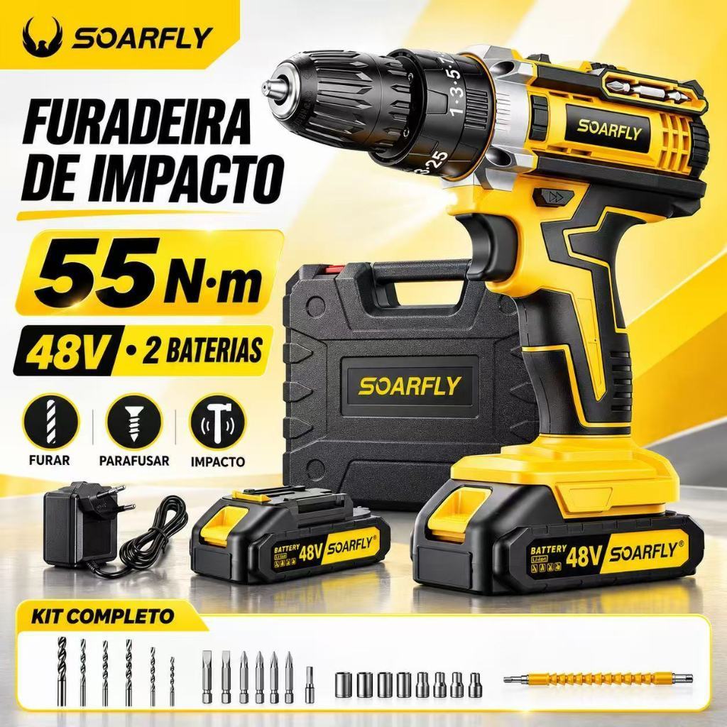 SOARFLY 48V Cordless Drill/Driver with 2 Batteries, Case, and Complete 28-Piece Accessory Set