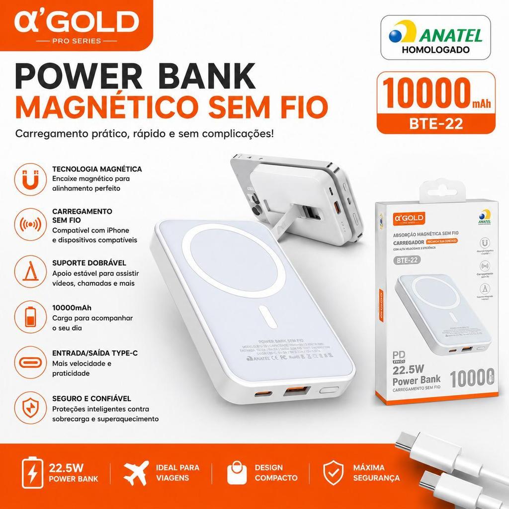 Power Bank Magsafe A'Gold 10000mAh BTE-22 - Com Suporte para Carregamento Sem Fio