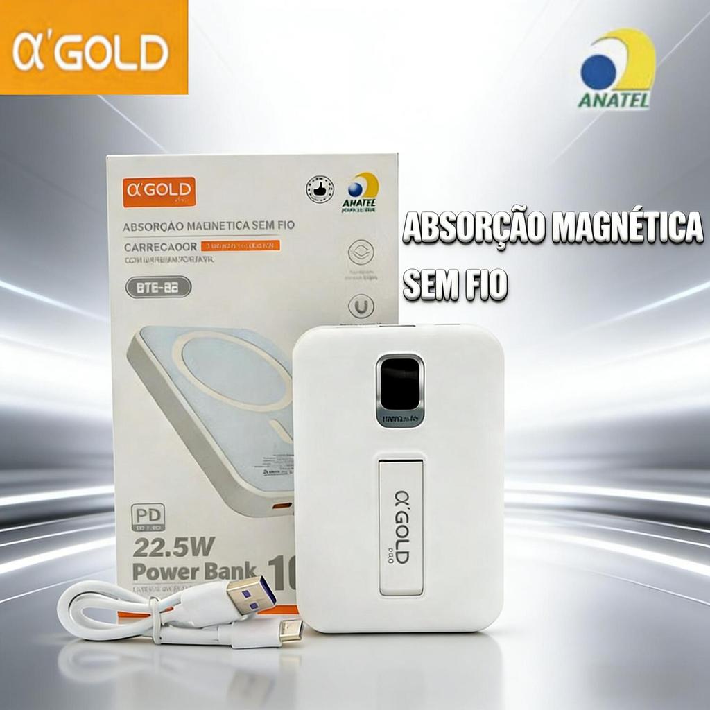 A'Gold Power Bank 10000mAh Magsafe com Suporte - Carregamento Sem Fio para iPhone BTE-22