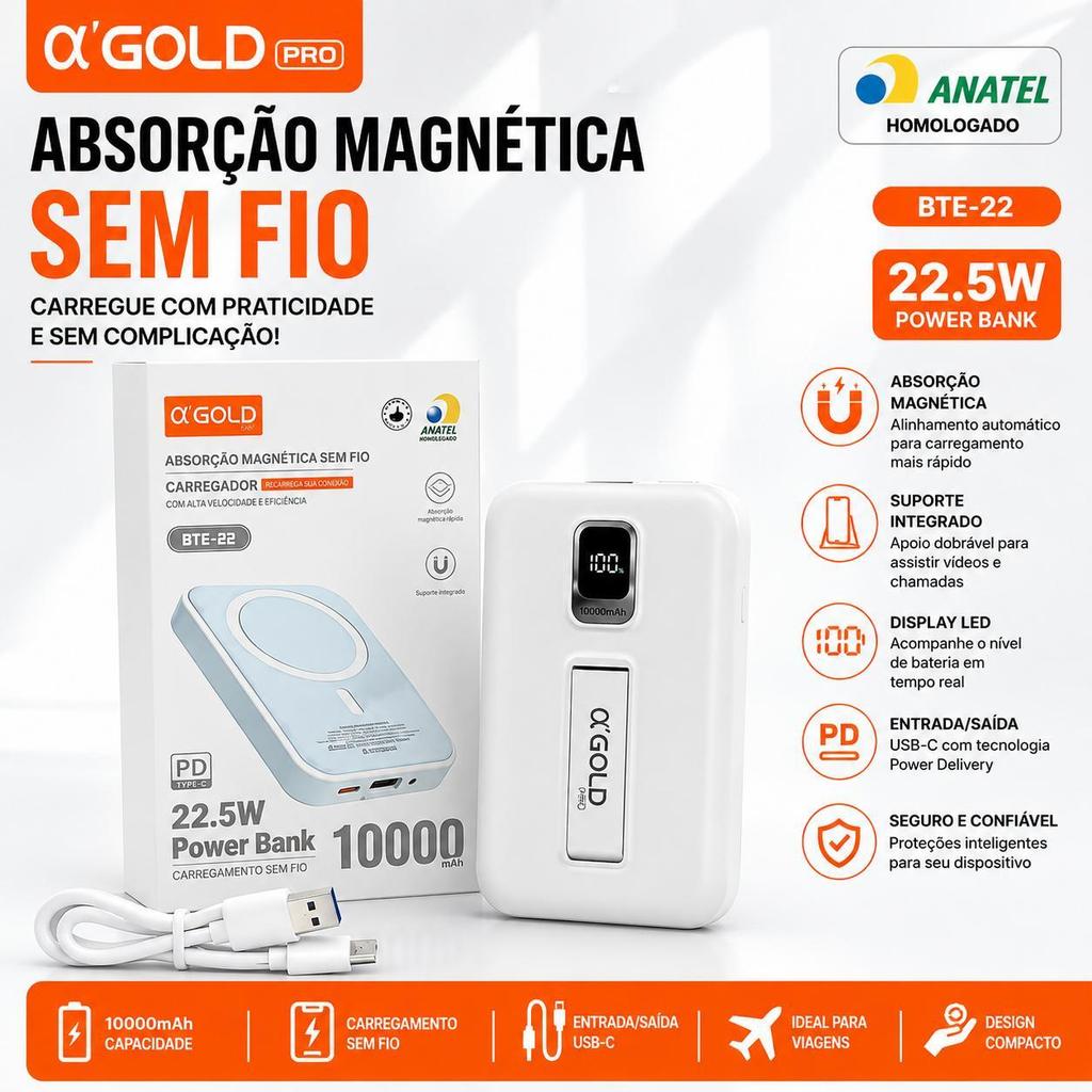 A'Gold Power Bank 10000mAh com Magsafe e Suporte BTE-22 - Carregamento Sem Fio para iPhone
