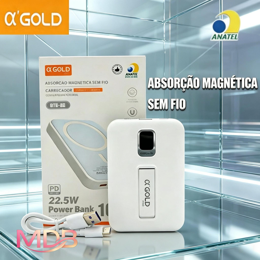A'Gold Power Bank 10000mAh – Magsafe com Suporte e Carregamento Sem Fio – Para Vários BTE-22
