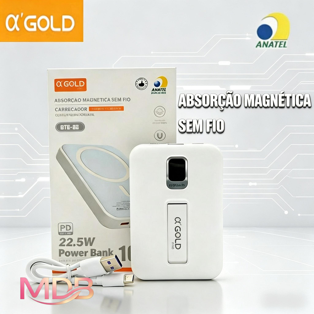 A'Gold Power Bank 10000mAh com Magsafe e Suporte – Carregamento Sem Fio – Para Múltiplos BTE-22