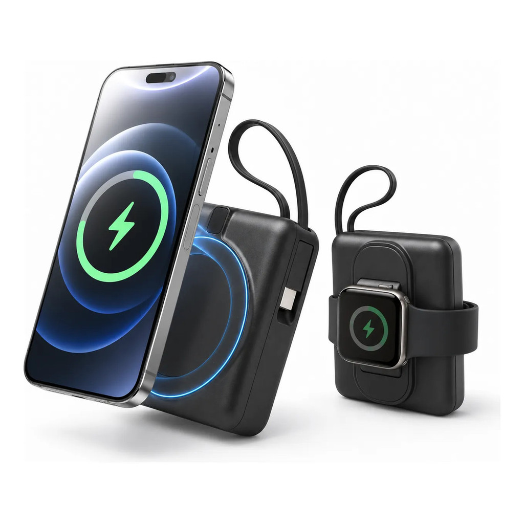 Power Bank 10000mAh 22.5W Carregador Portátil com MagSafe Indução para iPhone Apple Watch Cabo USB-C Integrado