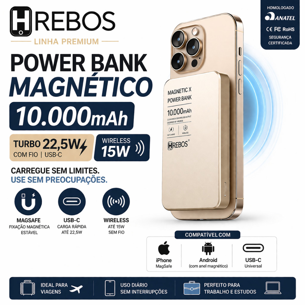 Power Bank Magnético Hrebos 10000mAh Premium 22.5W|MagSafe|USB-C| Carregador| Suporta carregamento rápido Portátil