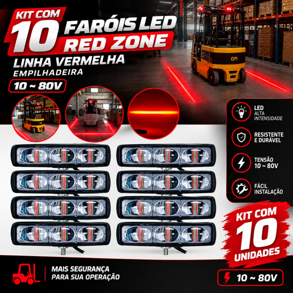 Kit com 10 Faróis Led Red Zone Linha Vermelha Empilhadeira 10~80v