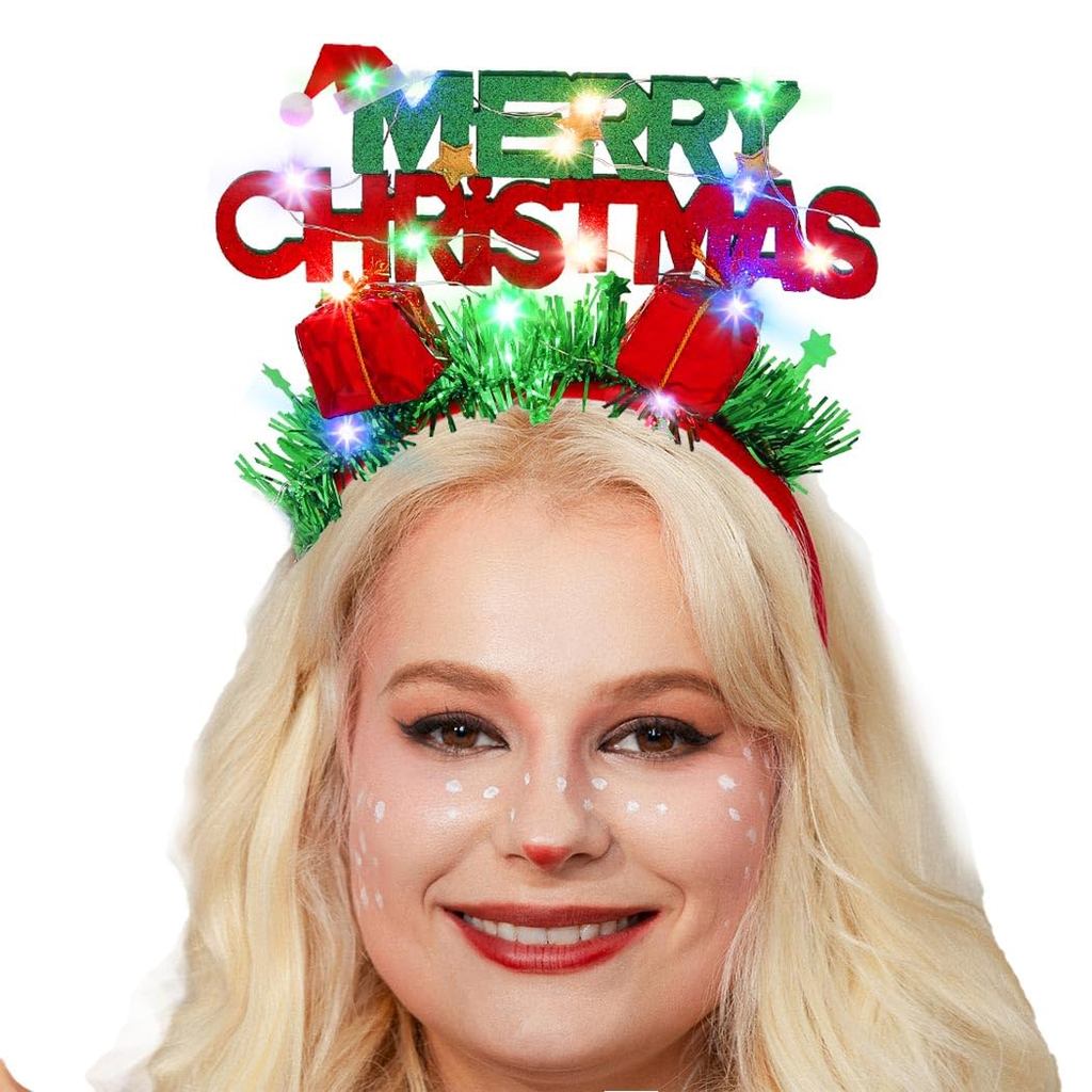 Light up Christmas Headbands Red MERRY CHRISTMAS Headband Red LED Gift Boxes Head Bands Green Tinsels Hair Accessories f
