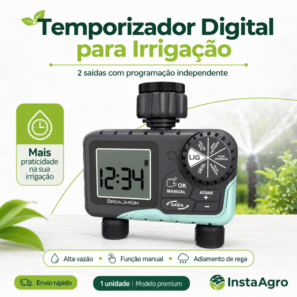 Temporizador Controlador para Irrigação Digital Programável 2 Saídas Brisa Jardim Timer Rega Automática
