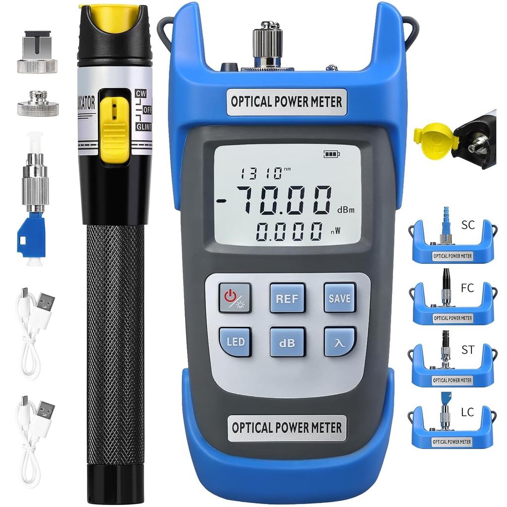 2-Piece Rechargeable high-Precision Optical Power Meter A-C710A (-70~+10dBm) Fiber Tester & Fiber Optic Test Pen 15,Suit