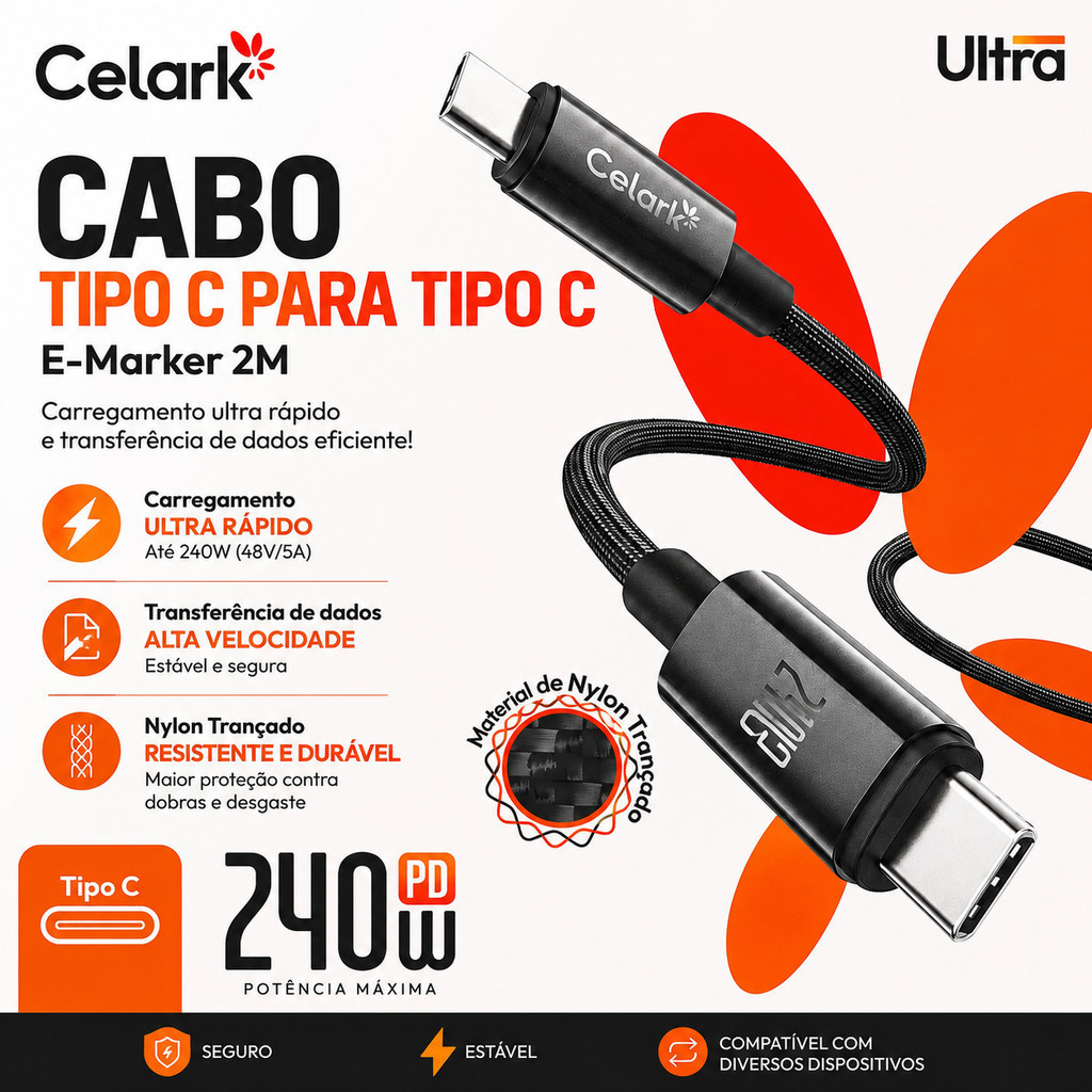 Cabo USB Tipo C para Tipo C 240W PD E-Marker 2M Carregamento Rápido Nylon Tra CE-C1313CC-2Mnçado Celark Ultra