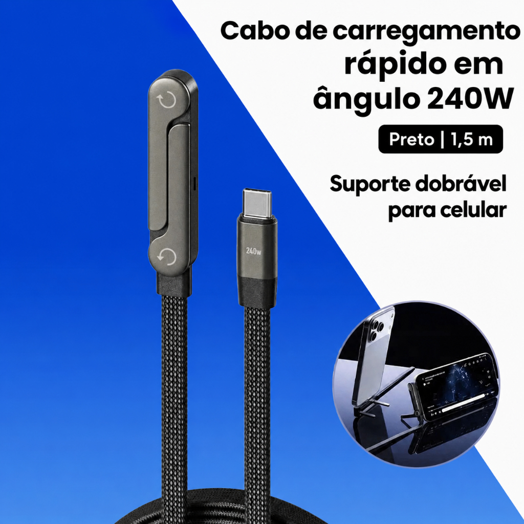 Cabo USB C 240W Carregamento Rápido para Notebook Celular Tablet com E-Marker e Suporte Integrado