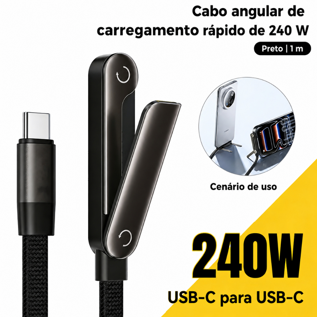 Cabo USB-C para USB-C 240W 5A Carregamento Rápido 480Mbps com Suporte Dobrável E-Marker