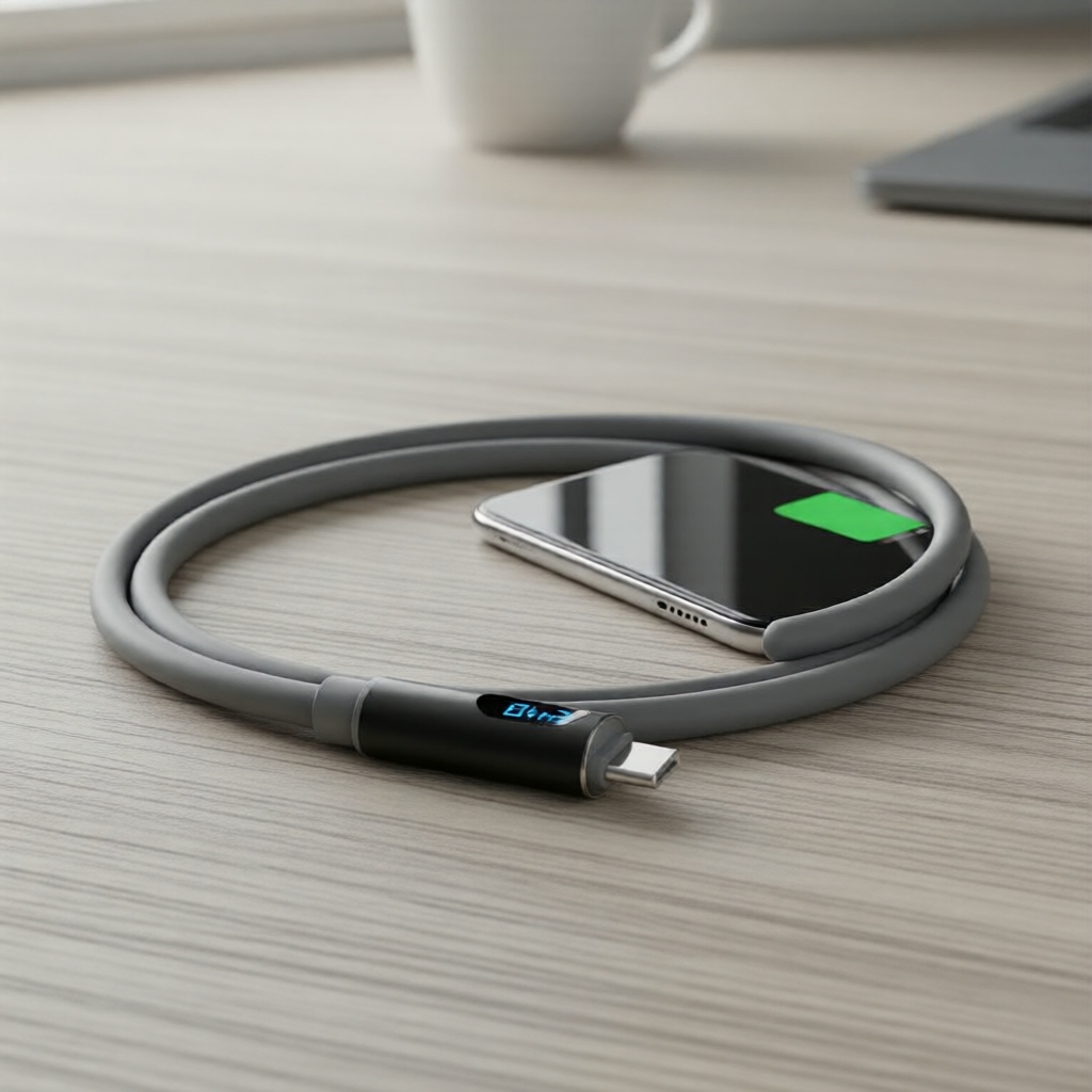 Cabo de carregamento rápido USB-C de 240W com display LCD dinâmico em 3 modos, 6A/480Mbps e chip E-Marker para laptops e